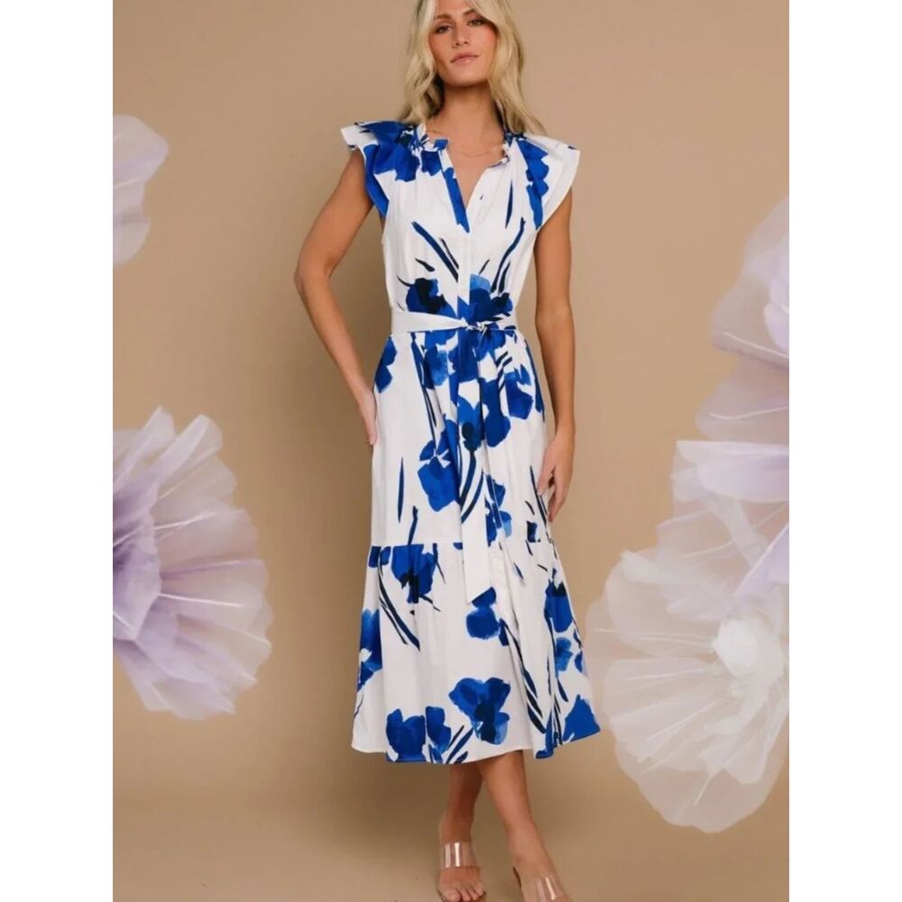 Baltic Born Blakely Button Dress Blue White Midi Size Small